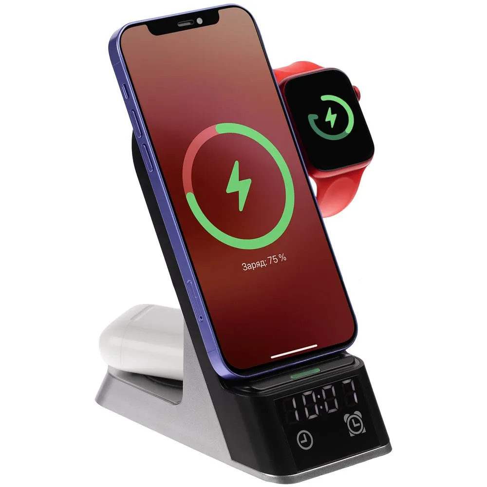 Uniscend Зарядная станция c часами E-Store для смартфона, часов и наушников, черная